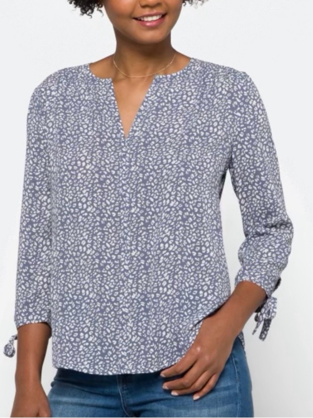 fun 2 fun Blue Floral Dot Print Long Sleeve Blouse